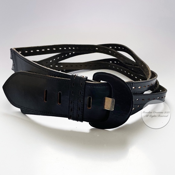 Vintage 80s Belt Wide Multi-Strap Black Leather by M Made in India #F20478 main image 5